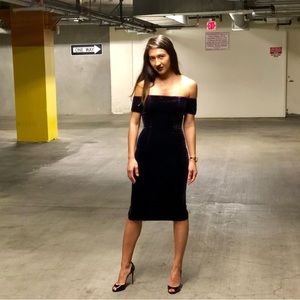 BGBG MAXAZRIA eggplant velvet off-shoulder dress